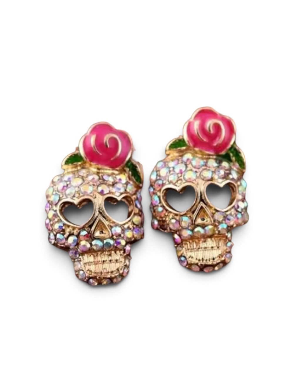 Pink Crystal Skull Rose Stud Earrings